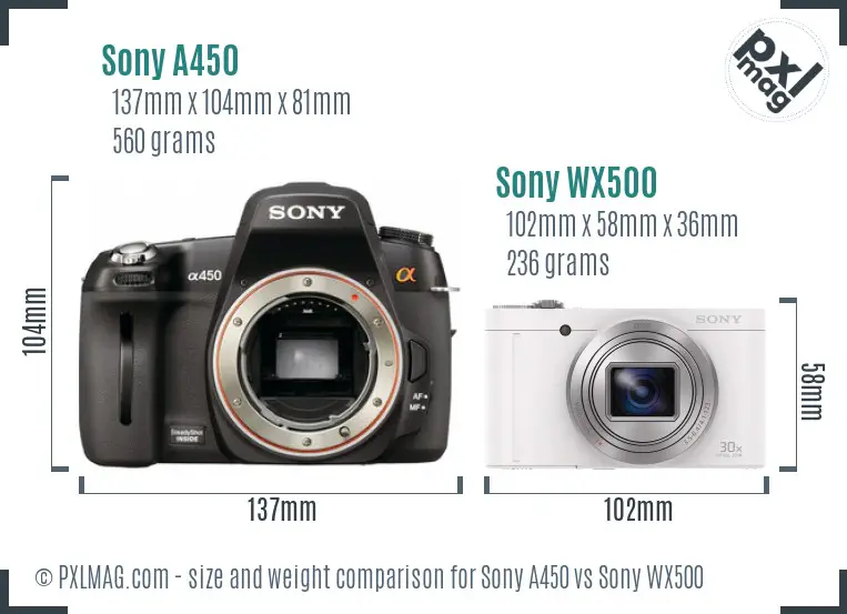 Sony A450 vs Sony WX500 size comparison