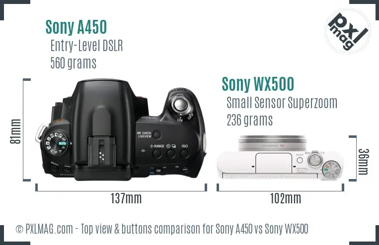 Sony A450 vs Sony WX500 top view buttons comparison