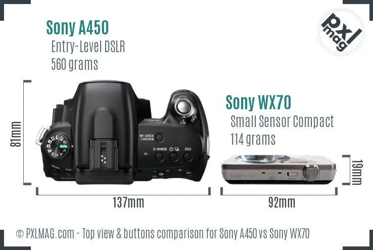 Sony A450 vs Sony WX70 top view buttons comparison