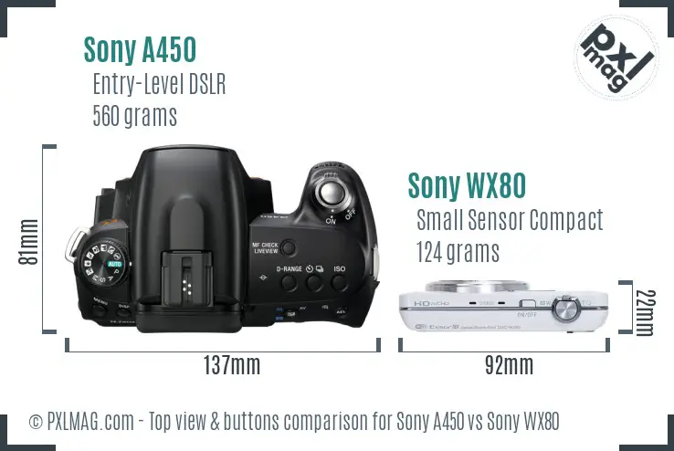 Sony A450 vs Sony WX80 top view buttons comparison