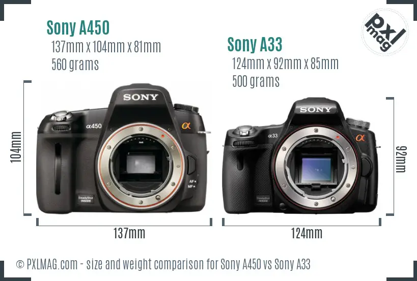 Sony A450 vs Sony A33 size comparison