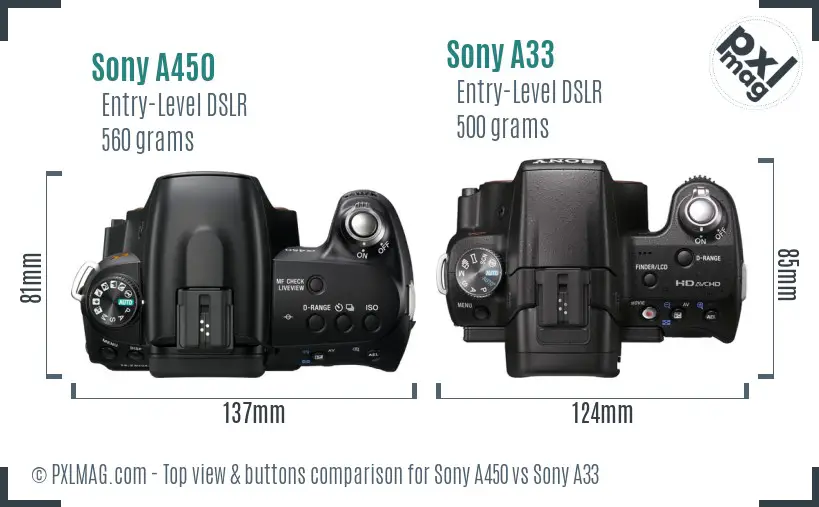 Sony A450 vs Sony A33 top view buttons comparison