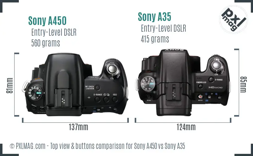 Sony A450 vs Sony A35 top view buttons comparison