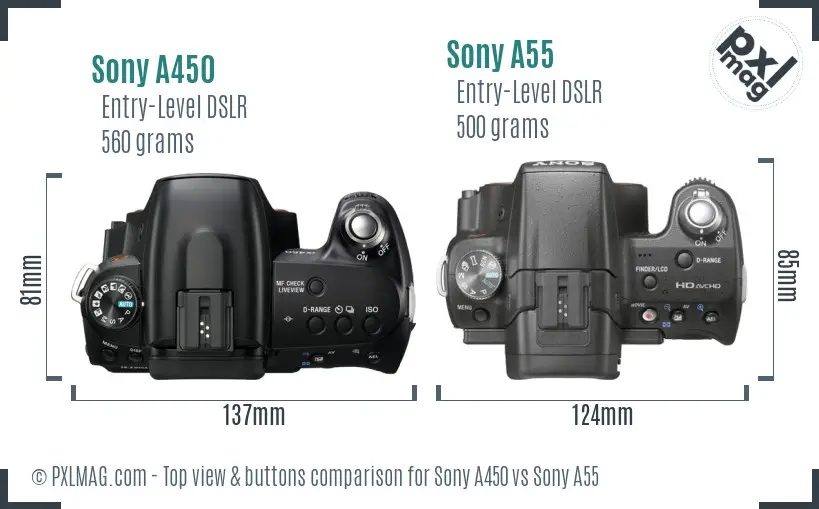 Sony A450 vs Sony A55 top view buttons comparison