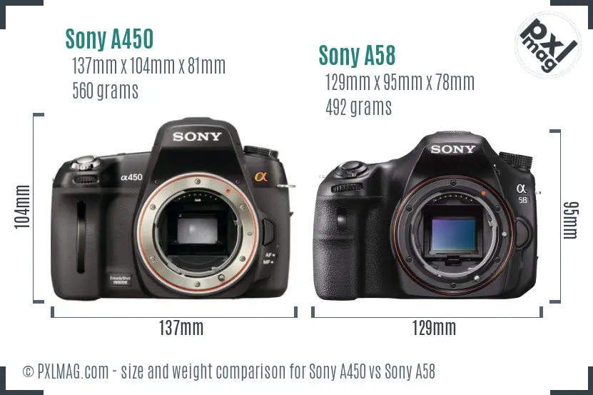 Sony A450 vs Sony A58 size comparison