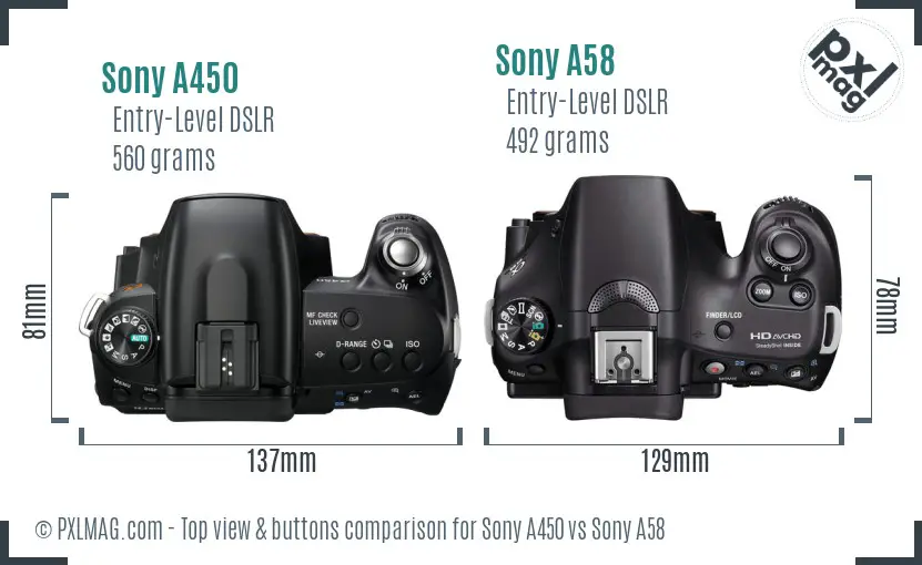 Sony A450 vs Sony A58 top view buttons comparison