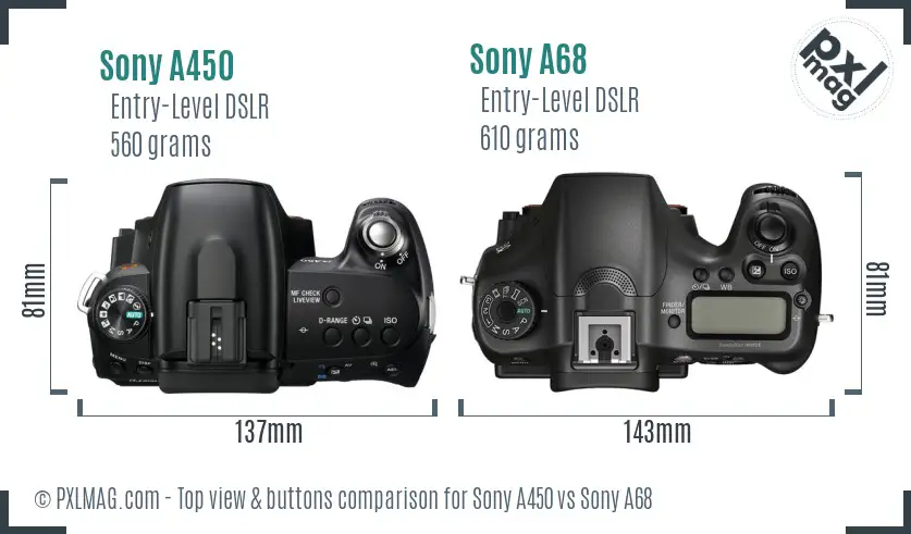Sony A450 vs Sony A68 top view buttons comparison