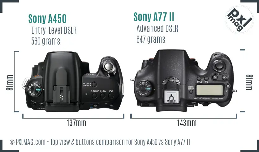 Sony A450 vs Sony A77 II top view buttons comparison