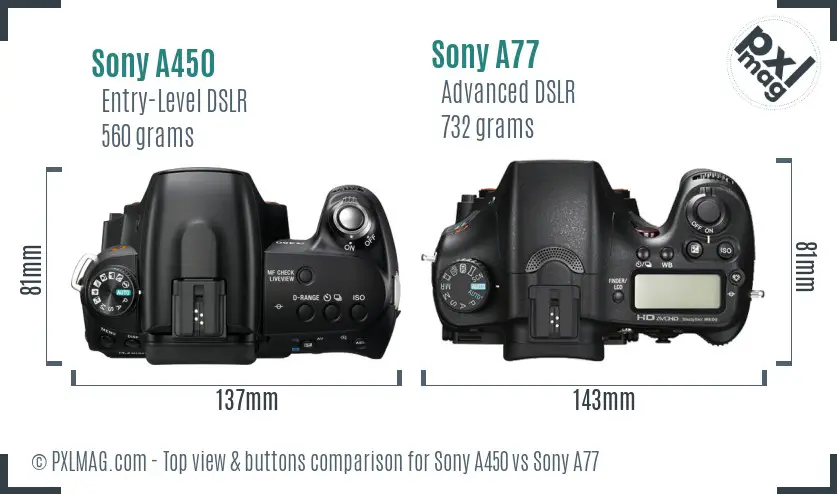 Sony A450 vs Sony A77 top view buttons comparison