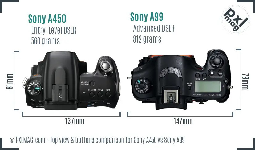 Sony A450 vs Sony A99 top view buttons comparison