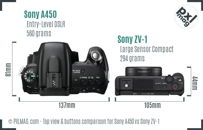 Sony A450 vs Sony ZV-1 top view buttons comparison
