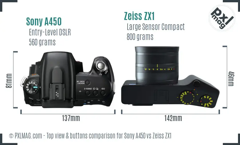 Sony A450 vs Zeiss ZX1 top view buttons comparison