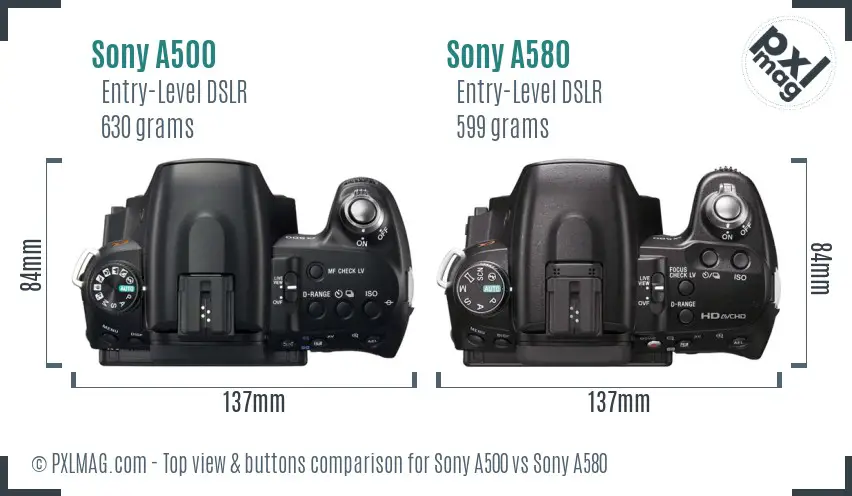 Sony A500 vs Sony A580 top view buttons comparison