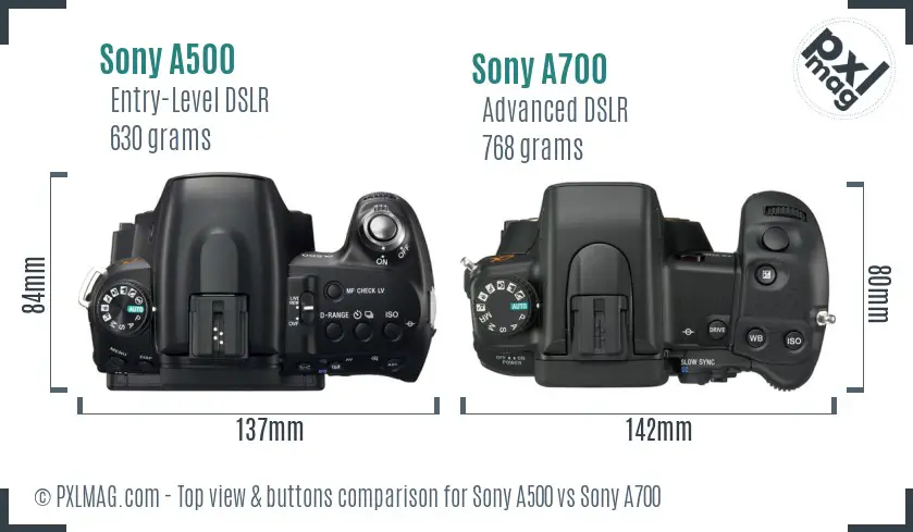 Sony A500 vs Sony A700 top view buttons comparison