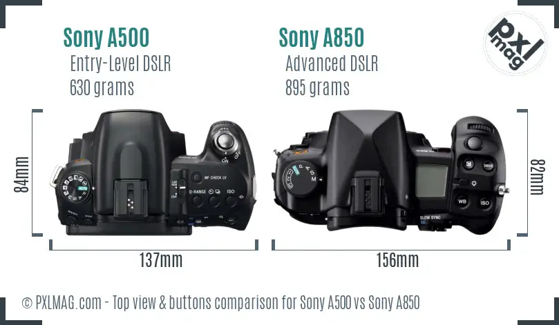 Sony A500 vs Sony A850 top view buttons comparison