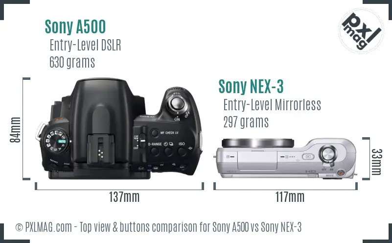 Sony A500 vs Sony NEX-3 top view buttons comparison