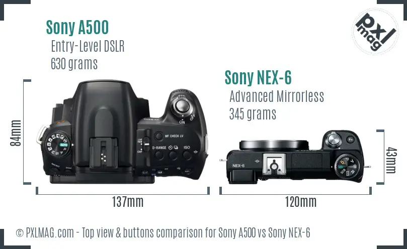 Sony A500 vs Sony NEX-6 top view buttons comparison