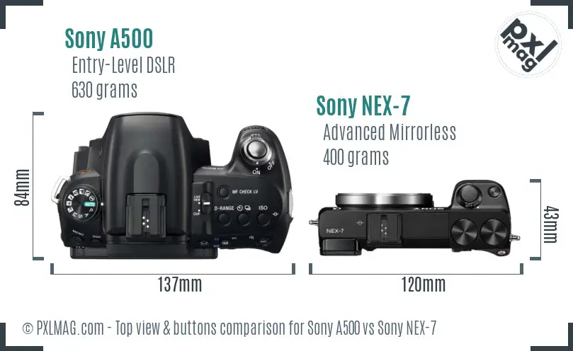 Sony A500 vs Sony NEX-7 top view buttons comparison