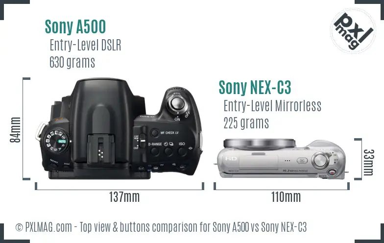 Sony A500 vs Sony NEX-C3 top view buttons comparison