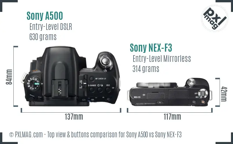 Sony A500 vs Sony NEX-F3 top view buttons comparison