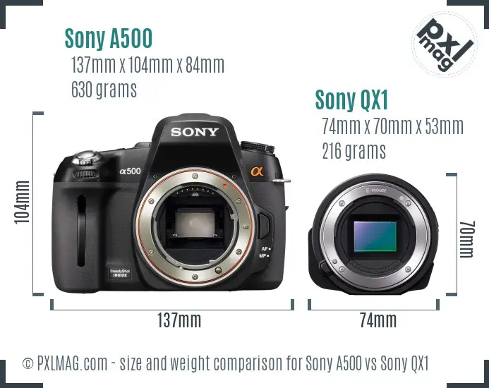 Sony A500 vs Sony QX1 size comparison