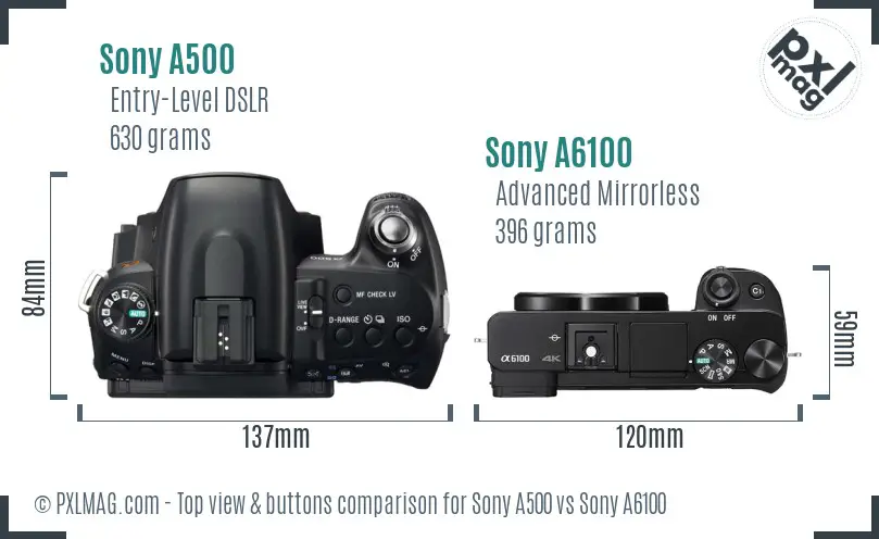 Sony A500 vs Sony A6100 top view buttons comparison