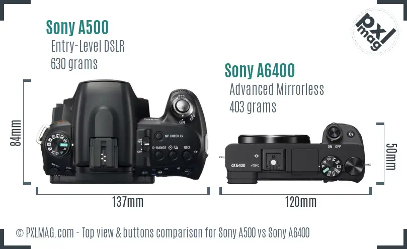 Sony A500 vs Sony A6400 top view buttons comparison