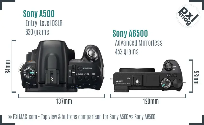Sony A500 vs Sony A6500 top view buttons comparison