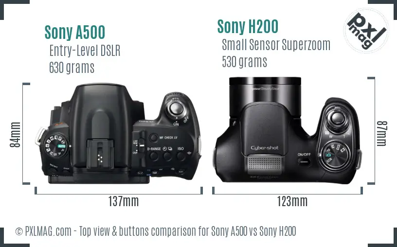 Sony A500 vs Sony H200 top view buttons comparison