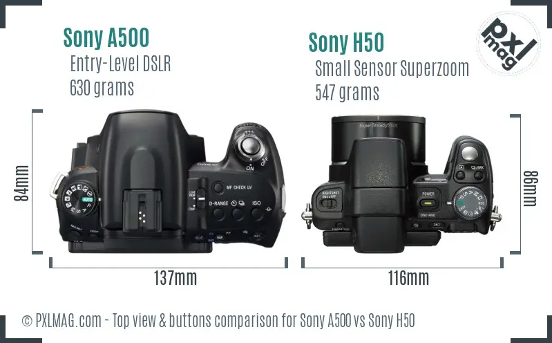 Sony A500 vs Sony H50 top view buttons comparison
