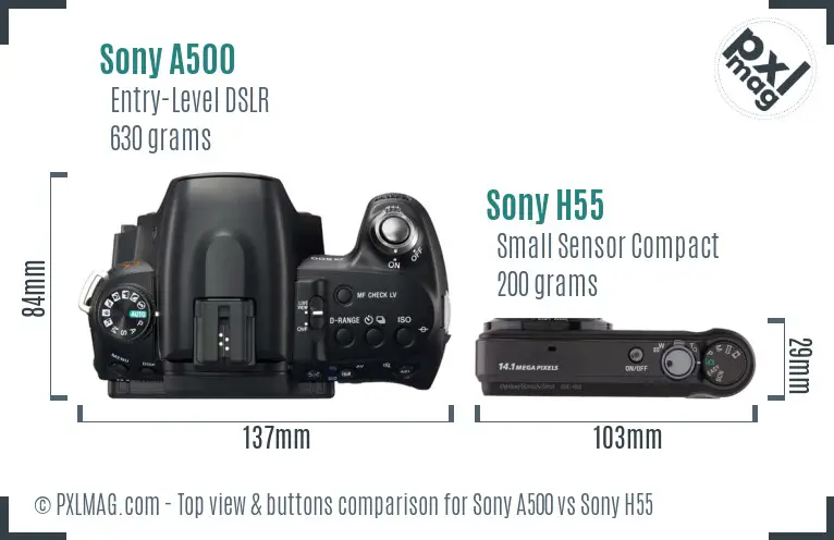 Sony A500 vs Sony H55 top view buttons comparison