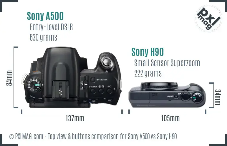 Sony A500 vs Sony H90 top view buttons comparison
