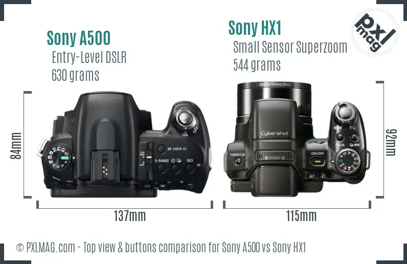 Sony A500 vs Sony HX1 top view buttons comparison