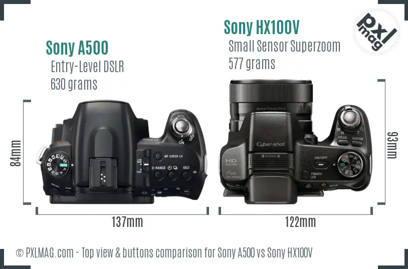 Sony A500 vs Sony HX100V top view buttons comparison