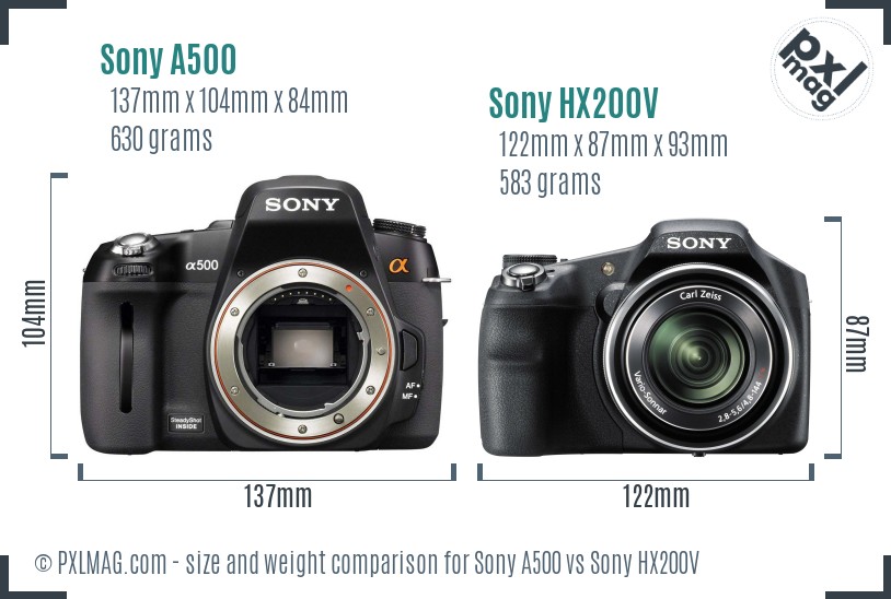 Sony A500 vs Sony HX200V size comparison
