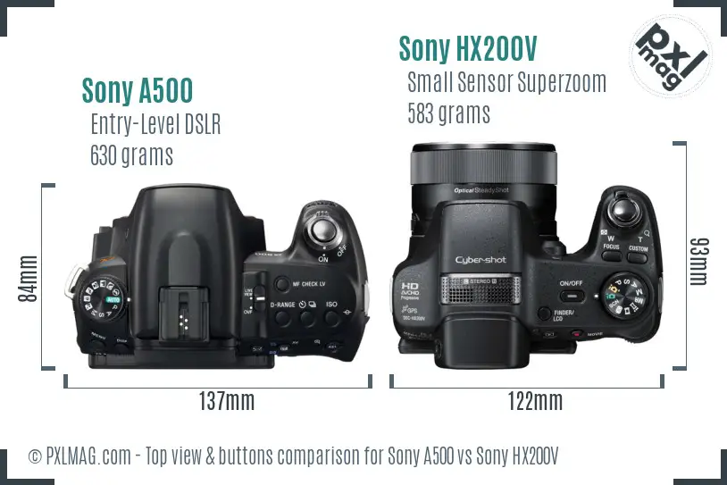 Sony A500 vs Sony HX200V top view buttons comparison