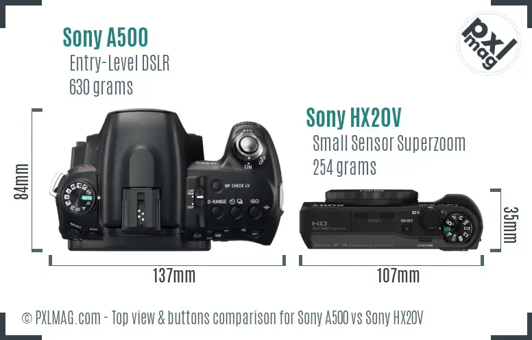 Sony A500 vs Sony HX20V top view buttons comparison