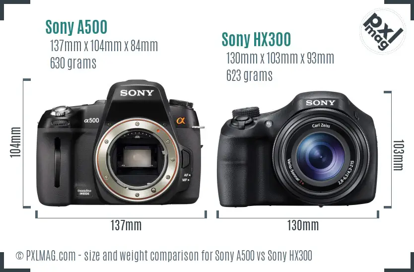 Sony A500 vs Sony HX300 size comparison
