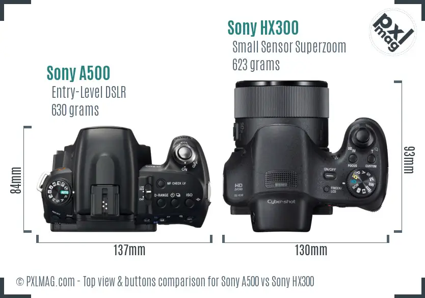 Sony A500 vs Sony HX300 top view buttons comparison