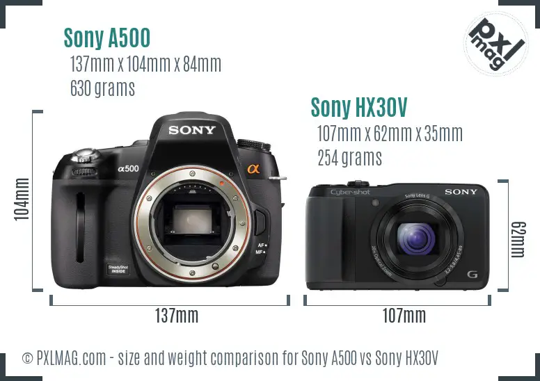 Sony A500 vs Sony HX30V size comparison