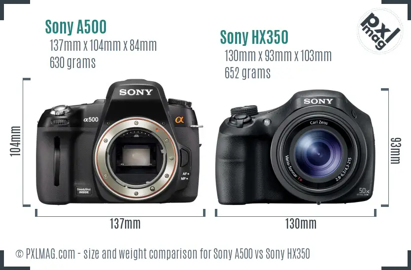 Sony A500 vs Sony HX350 size comparison