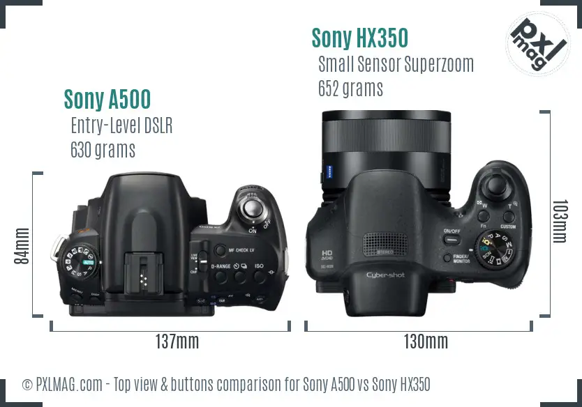 Sony A500 vs Sony HX350 top view buttons comparison