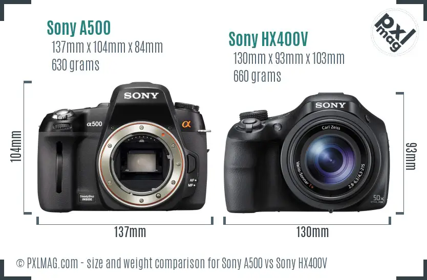 Sony A500 vs Sony HX400V size comparison