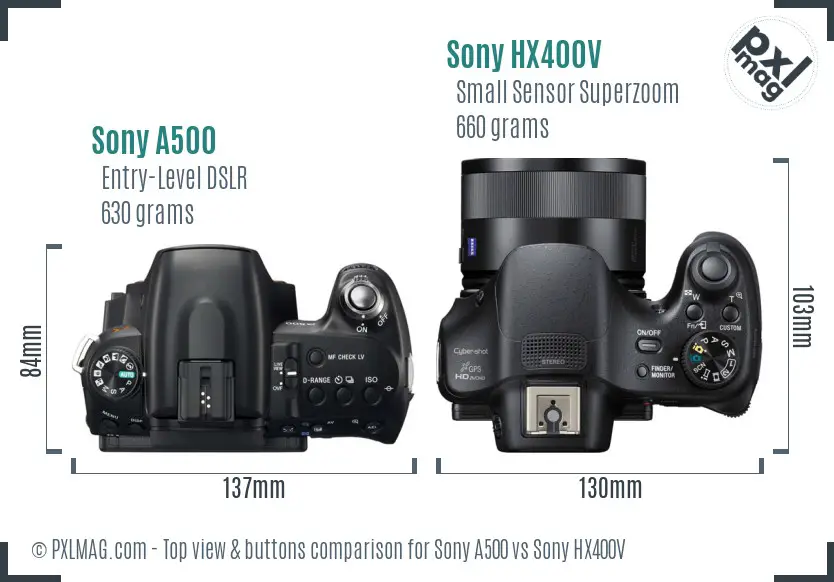 Sony A500 vs Sony HX400V top view buttons comparison