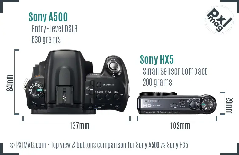 Sony A500 vs Sony HX5 top view buttons comparison