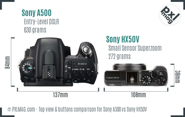 Sony A500 vs Sony HX50V top view buttons comparison