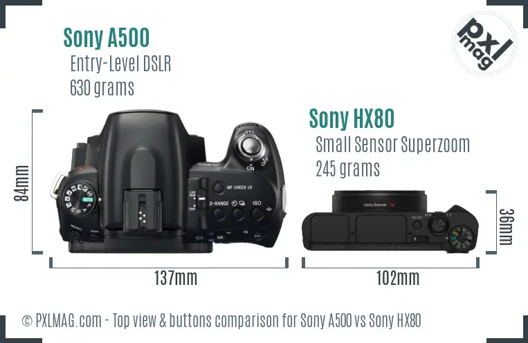Sony A500 vs Sony HX80 top view buttons comparison