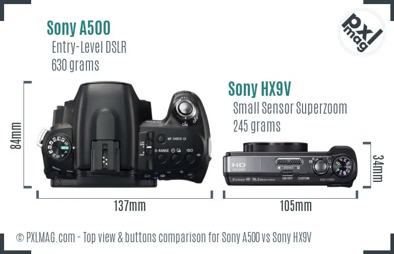 Sony A500 vs Sony HX9V top view buttons comparison