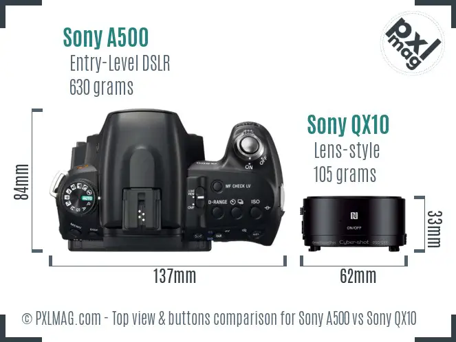 Sony A500 vs Sony QX10 top view buttons comparison