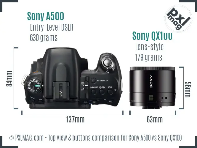 Sony A500 vs Sony QX100 top view buttons comparison
